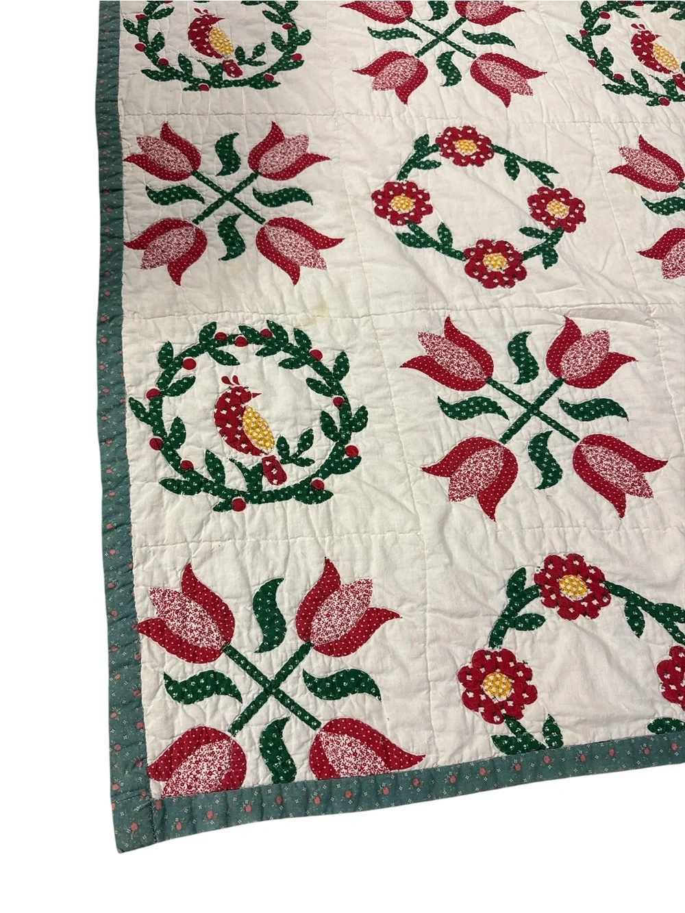 Vintage Handmade Appliqué Folk Art Quilt Tulips Birds Floral Wreath Full Queen